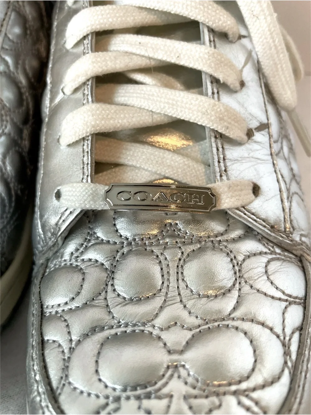 Coach Nanette Silver High Top Sneakers Logo Pattern Lace Up Hook & Loop Size 9.5